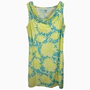 Title Nine Dress Tank Floral Lime Aqua Tropical Vacation Sz L Cowl Neck Sundress